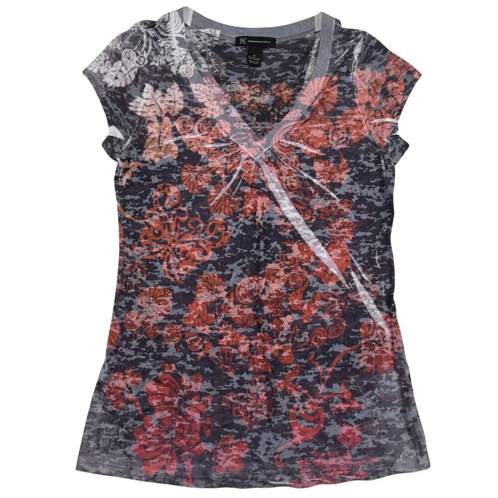 Y2K Vintage INC Burnout Shirt Women's Medium Slim Fit Gray Floral Grunge Biker